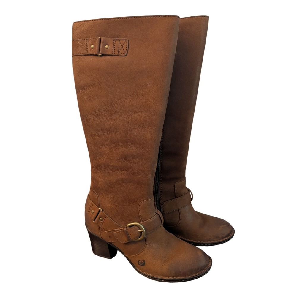 Born Women Brown Leather Tall Riding Boots Block Heel Buckle Size 8